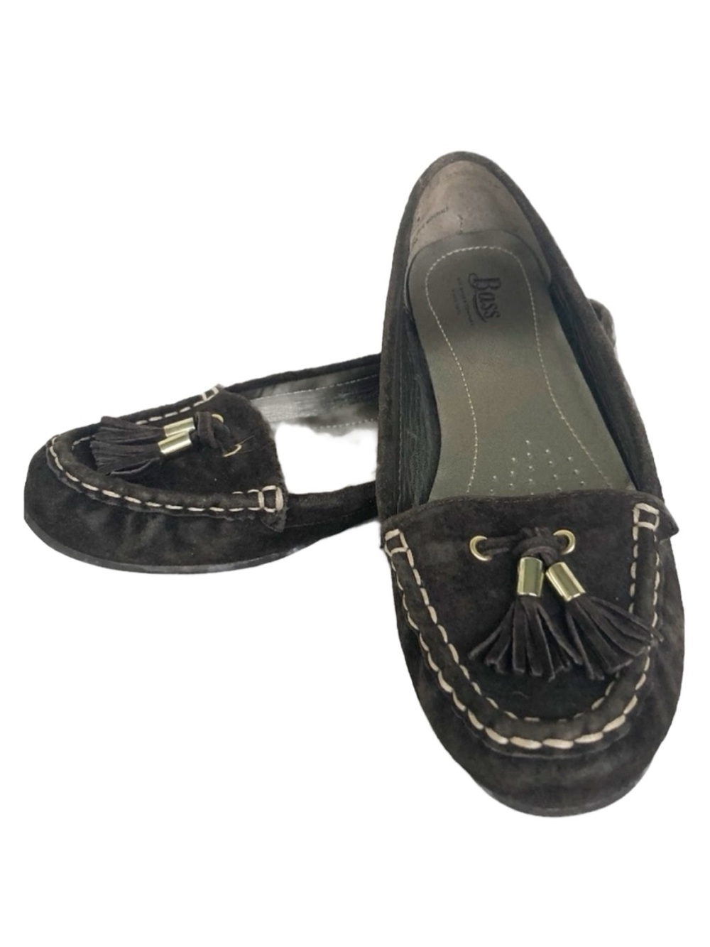 Bass Vida Brown Suede Slip-on Loafers Tassels Rubber Sole Contrasting Stiiching